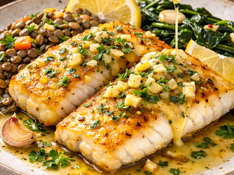 Large tray of garlic butter cod fillets garnished with fresh herbs and lemon.