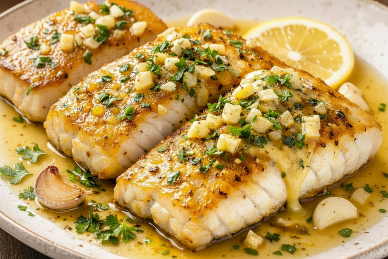 Large tray of garlic butter cod fillets garnished with fresh herbs and lemon.
