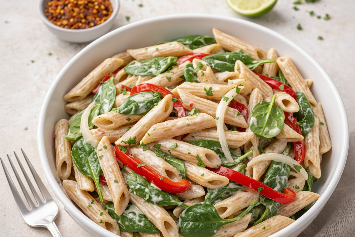 Vibrant whole wheat penne pasta with red and green bell peppers, onions, spinach in a visibly creamy white coconut sauce