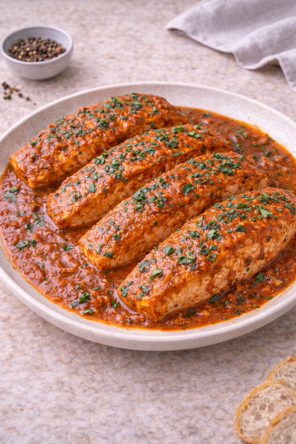 Large catering tray of salmon fillets with coconut tikka sauce and cilantro.