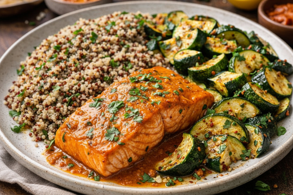 Tikka Masala salmon fillet over white quinoa with roasted zucchini in a meal prep container.