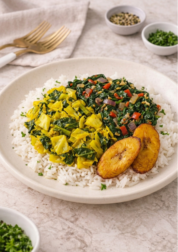 Veggie Plate: Curry Cabbage & Greens, Spinach Stew, Rice and Plantain