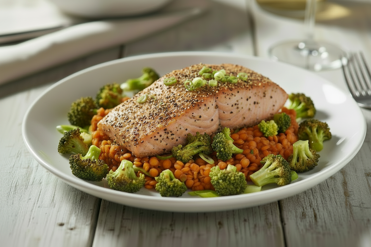 Lemon Pepper Salmon w/ Lentils & Broccoli