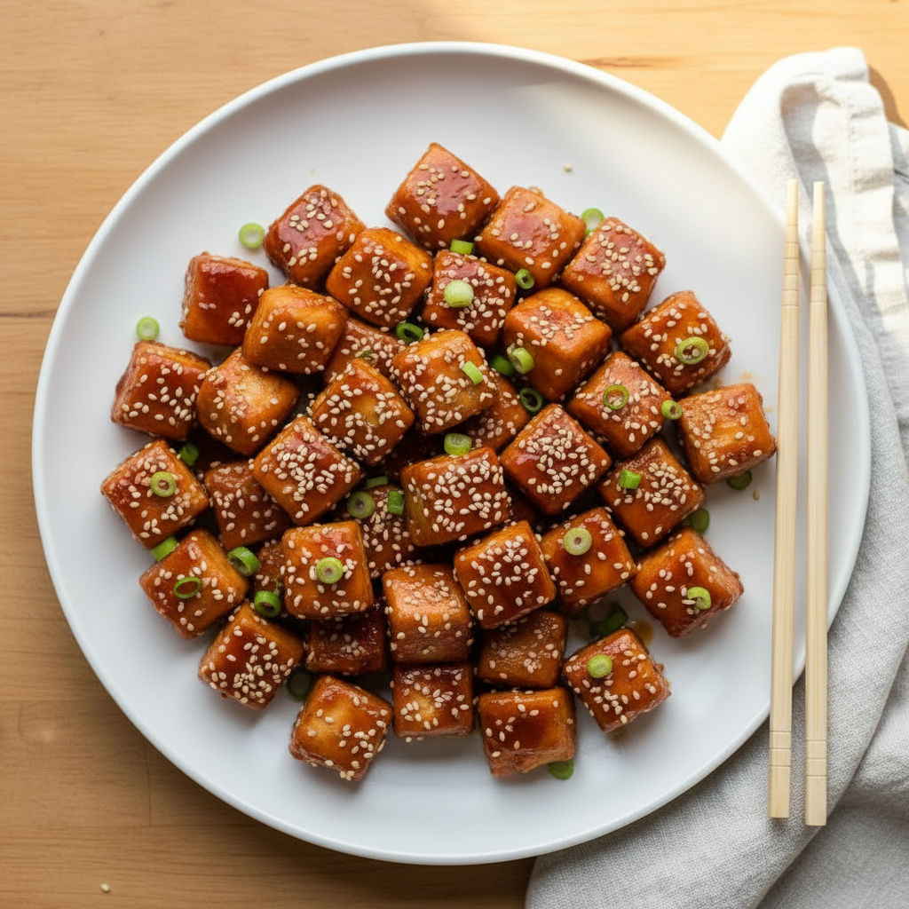 Cubed chicken dish with sesame seeds and green onions, spinach and white rice on a white plate with chopsticks.