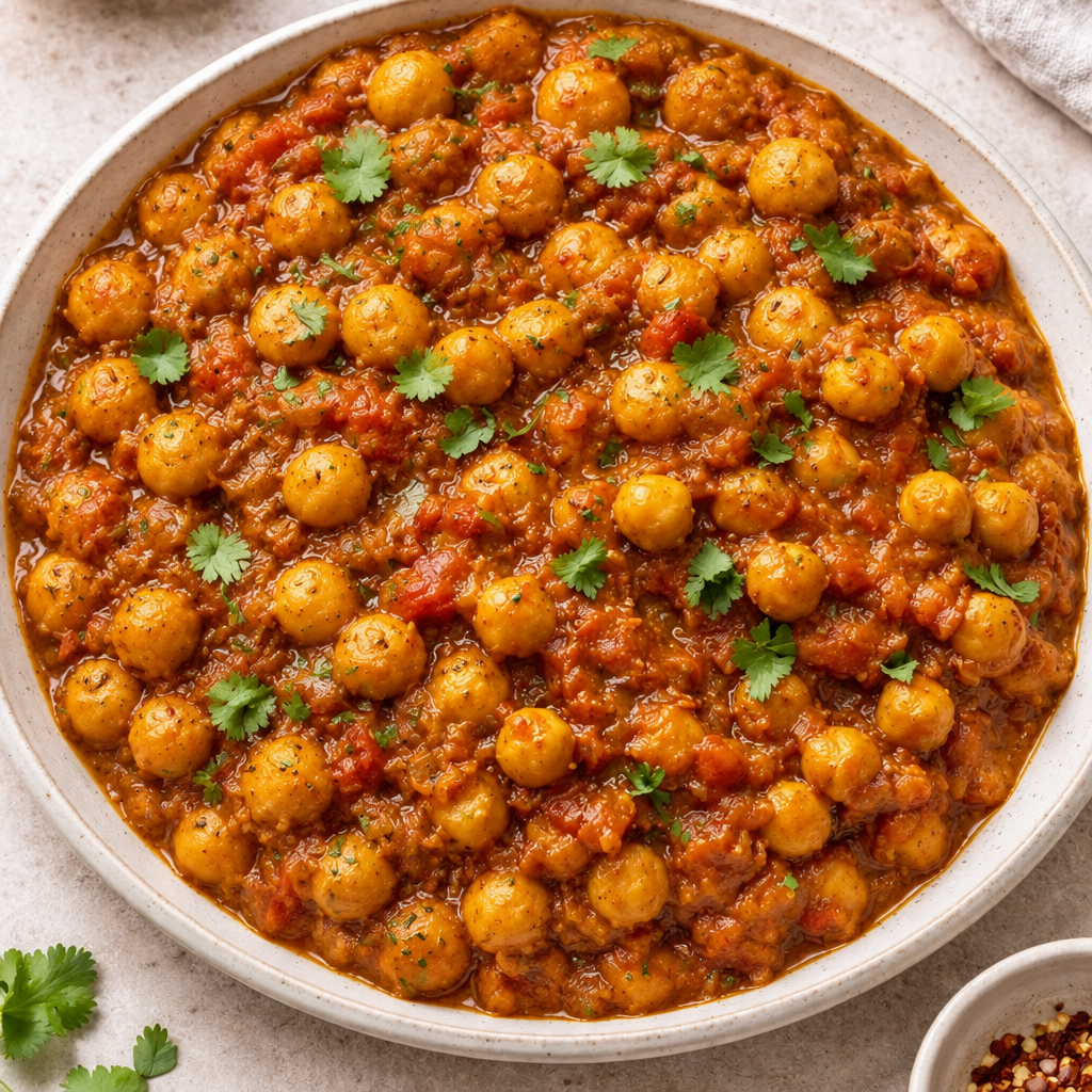 Large serving dish of Chana Masala/Curry Chickpeas garnished with fresh cilantro.