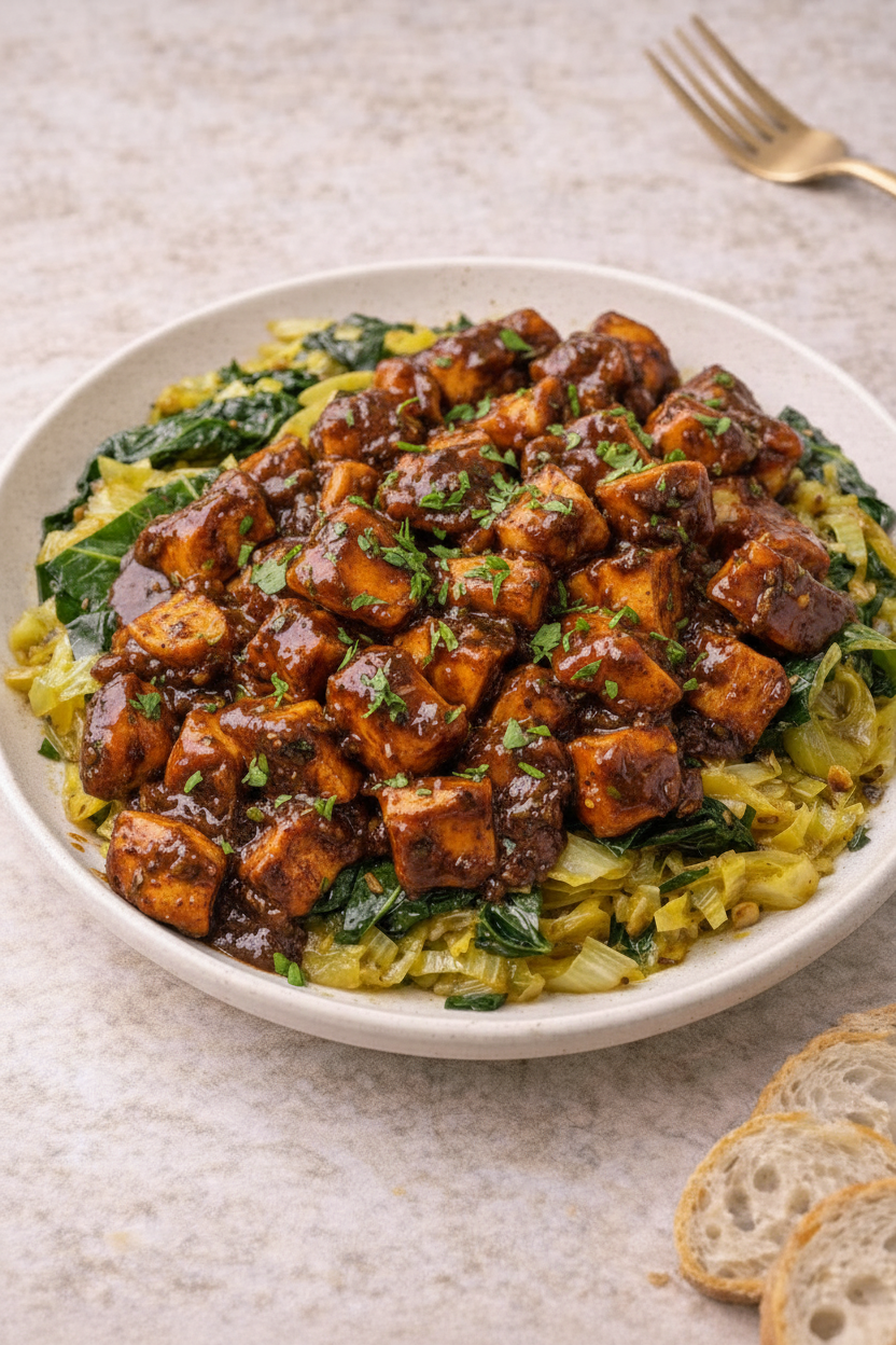 Plated dish of mild jerk chicken breast with greens and onions on a neutral background