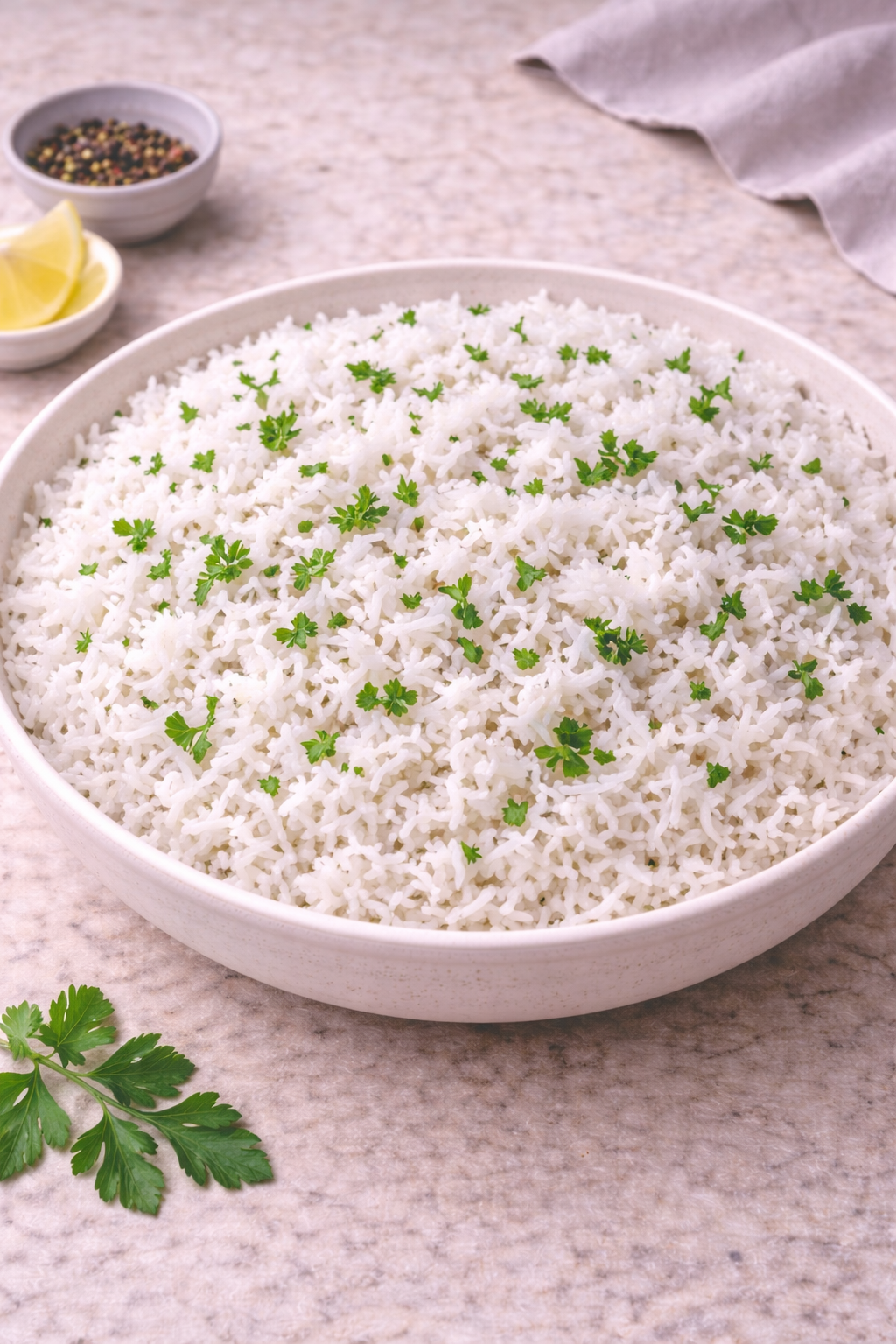 A large catering tray of perfectly steamed, fluffy white jasmine rice.