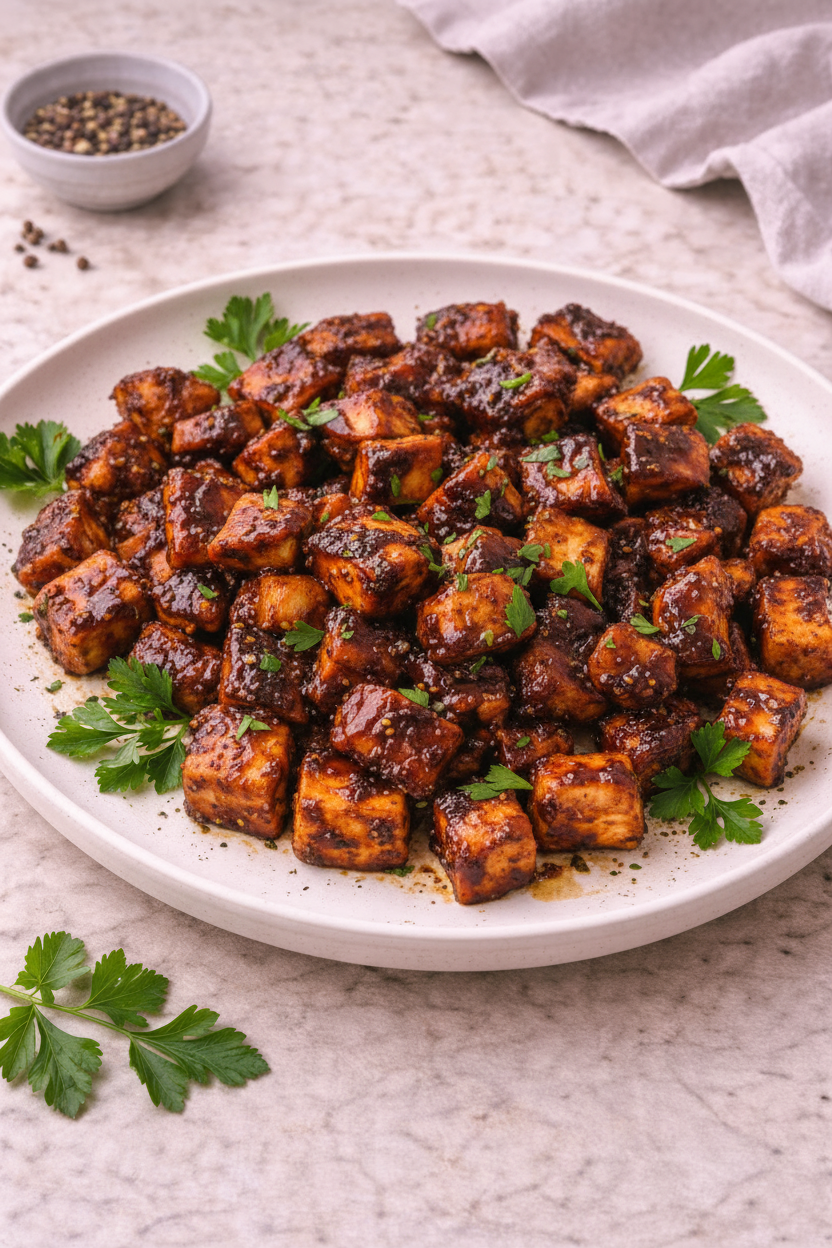 Plated grilled chicken breast tossed with jerk sauce and parsley on a light background