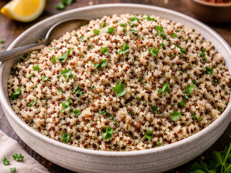 Large bowl of steamed white quinoa.