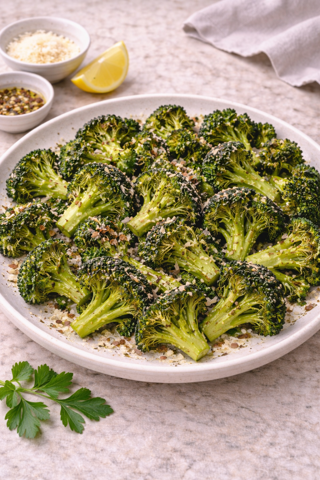  Large tray of vibrant roasted broccoli florets with light seasoning.