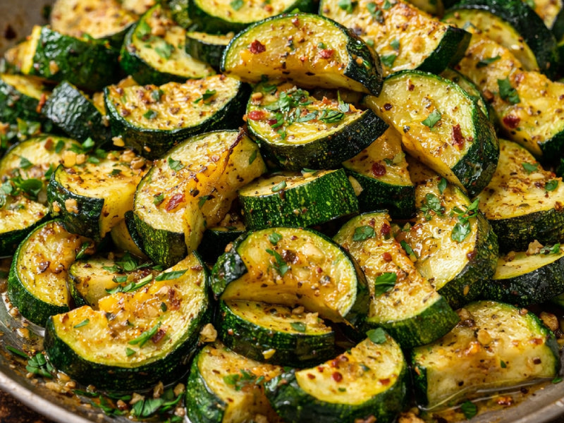Large tray of oven-roasted zucchini rounds.