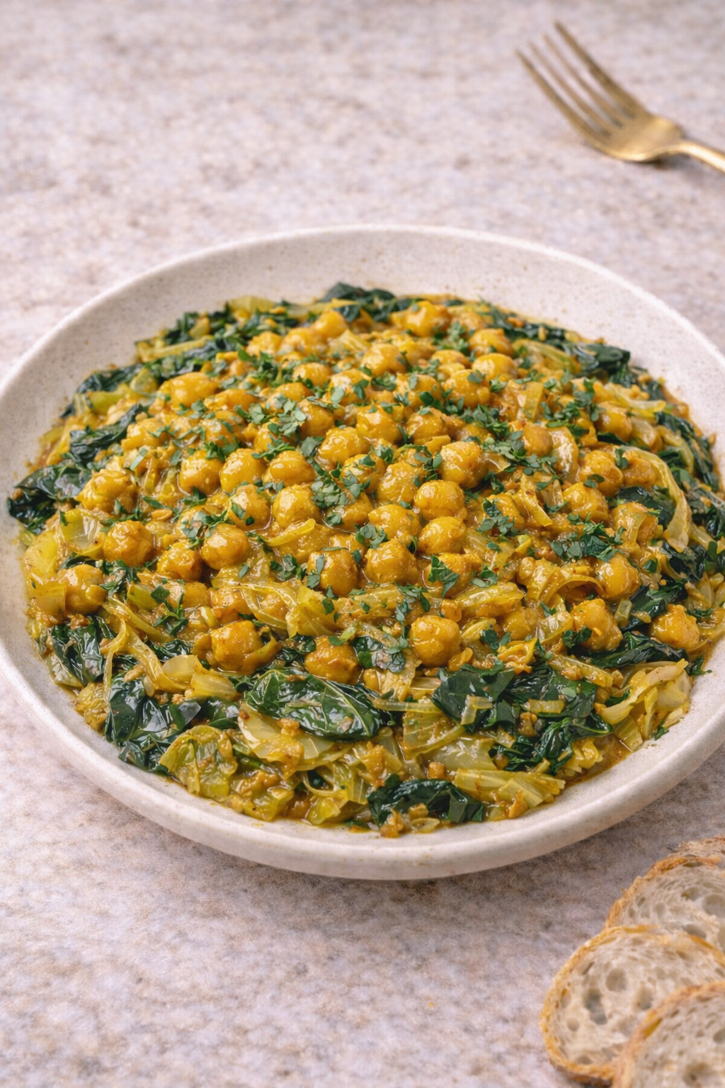 Sautéed seasoned chickpeas served over a bed of vibrant yellow curry cabbage and dark collard greens.