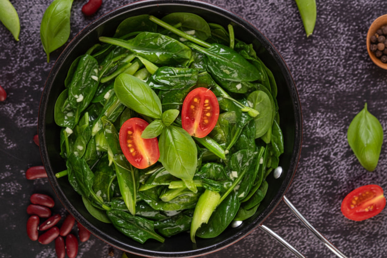 Large tray of tender, garlic-sauteed spinach
