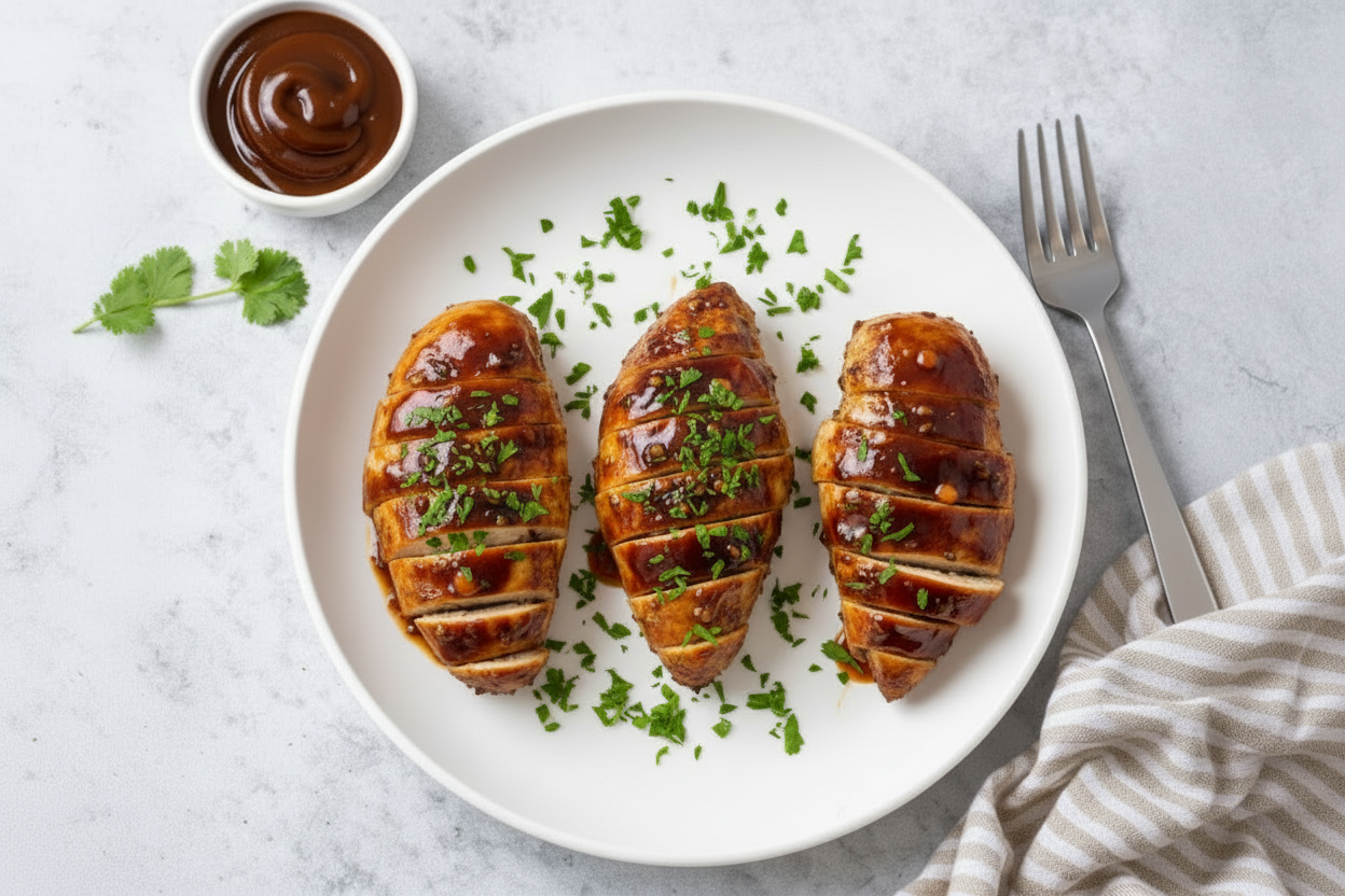 Sliced BBQ chicken breast with roasted sweet potato wedges and broccoli in a meal prep container.