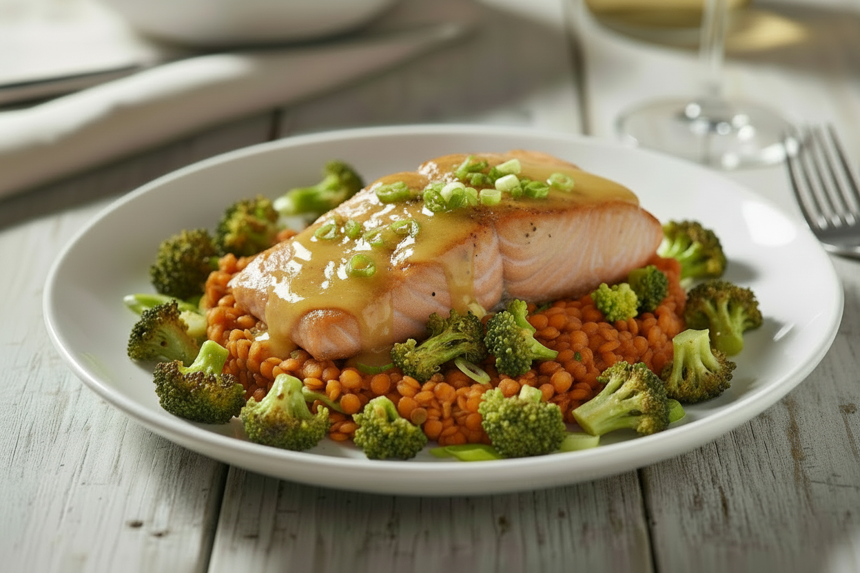 Salmon dish with broccoli and red beans on a white plate, set on a wooden table.